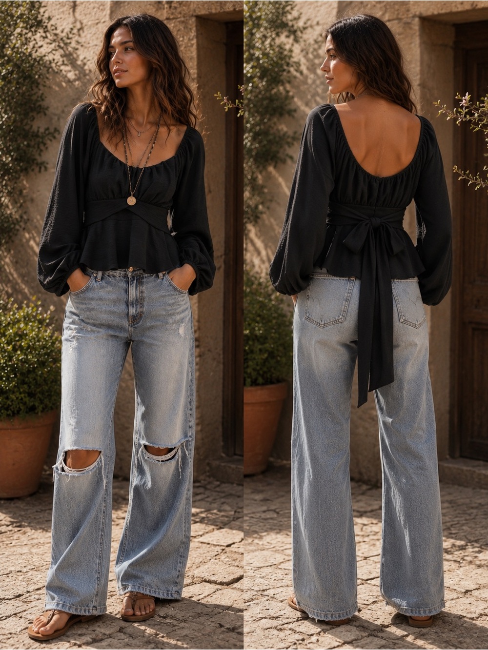 Altar’d State Black Open Back Tie Peplum Blouse Balloon Sleeve Cottagecore M